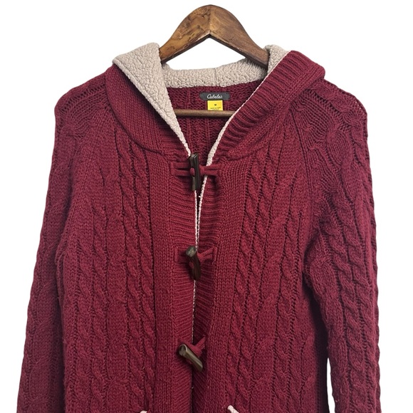 Cabelas Cardigan Sweater Womens Medium Red Sherpa Lined Hood Toggle Cable Knit - Picture 2 of 9